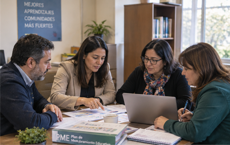 Profesionales revisando antecedentes educativos junto a un equipo directivo
