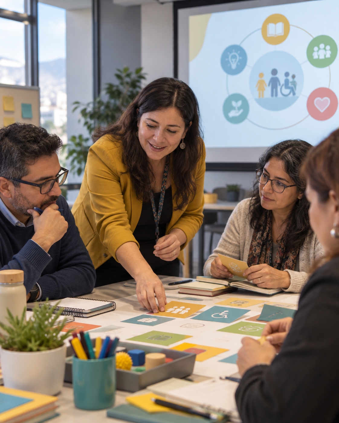 Equipo reunido diseñando un programa de capacitación